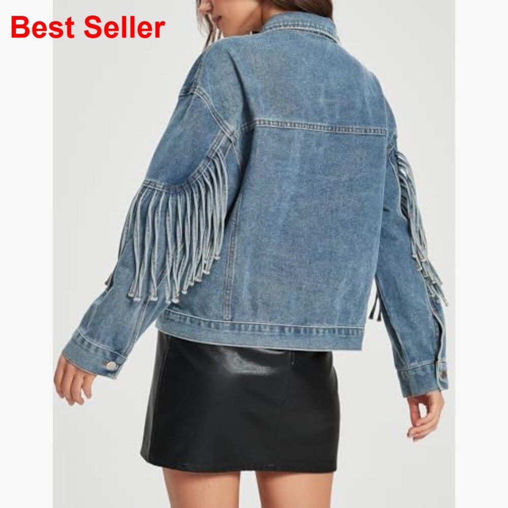 Oversized Denim Jacket with Fringe Tassel Long Sleeve Western Style - Picture 2 of 6